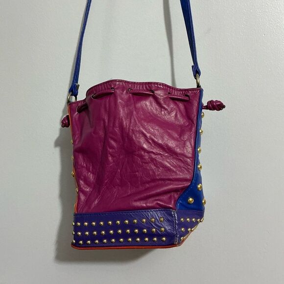 Colorblocked Studded Multi-Colored Leather Drawstring Bucket Bag - Picture 2 of 10